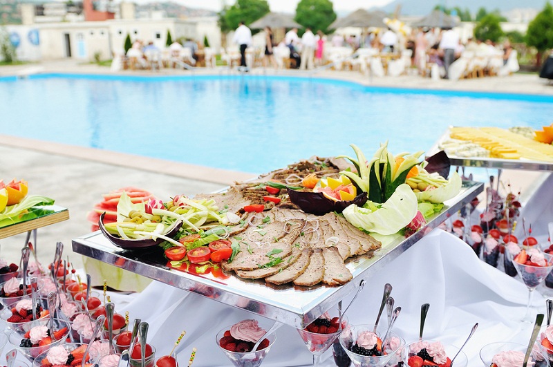 catering buffet food outdoor in luxury restaurant with meat and