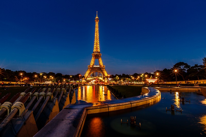 Eiffel Tower And Trocadero Fountains In The Evening, Paris, Fran