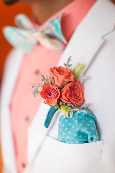 Coral and Teal Boutonniere | Coral Wedding Ideas | Pantone Color of the Year | Peach Weddings