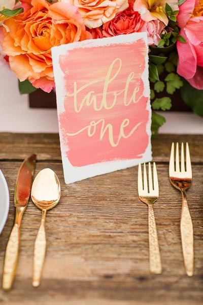 Coral Table Numbers | Coral Wedding Ideas | Pantone Color of the Year | Peach Weddings
