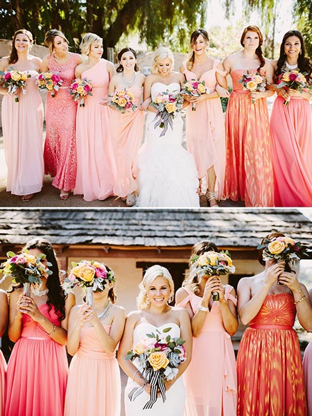 Mismatched Coral Bridesmaids Dresses | Coral Wedding Ideas | Pantone Color of the Year | Peach Weddings