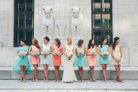 Coral and Teal Bridesmaids Dresses | Coral Wedding Ideas | Pantone Color of the Year | Peach Weddings